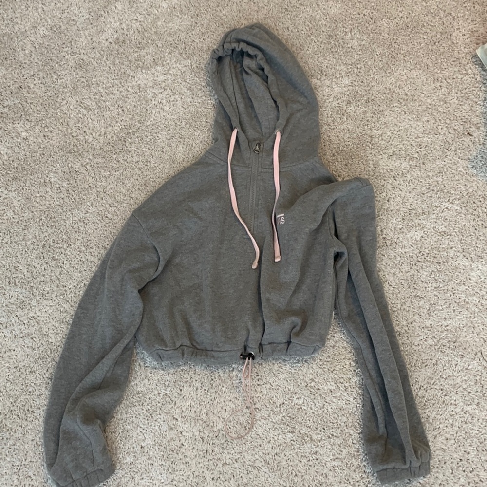 Grey and pink cropped zip up hoodie with fluff ok the inside for warmth
